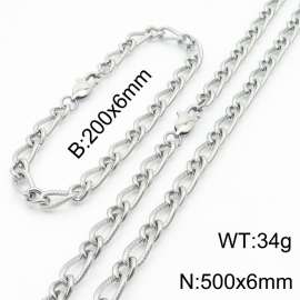 Silver Color Stainless Steel Link Chain 200×6mm Bracelet 500×6mm Necklaces Jewelry Sets For Women Men