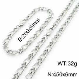 Silver Color Stainless Steel Link Chain 200×6mm Bracelet 450×6mm Necklaces Jewelry Sets For Women Men