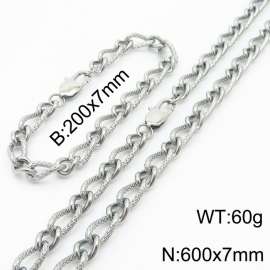 Silver Color Stainless Steel Link Chain 200×7mm Bracelet 600×7mm Necklaces Jewelry Sets For Women Men