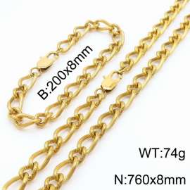 Gold Color Stainless Steel Link Chain 200×8mm Bracelet 760×8mm Necklaces Jewelry Sets For Women Men