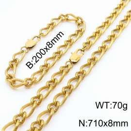 Gold Color Stainless Steel Link Chain 200×8mm Bracelet 710×8mm Necklaces Jewelry Sets For Women Men