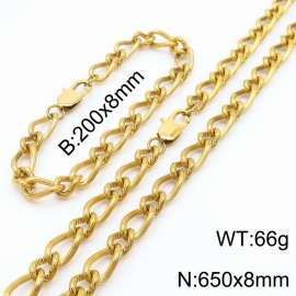 Gold Color Stainless Steel Link Chain 200×8mm Bracelet 650×8mm Necklaces Jewelry Sets For Women Men