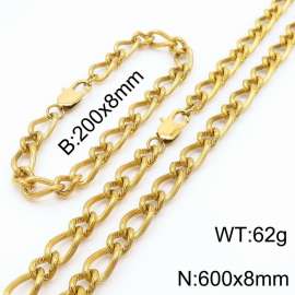 Gold Color Stainless Steel Link Chain 200×8mm Bracelet 600×8mm Necklaces Jewelry Sets For Women Men