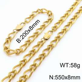 Gold Color Stainless Steel Link Chain 200×8mm Bracelet 550×8mm Necklaces Jewelry Sets For Women Men