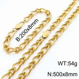 Gold Color Stainless Steel Link Chain 200×8mm Bracelet 500×8mm Necklaces Jewelry Sets For Women Men