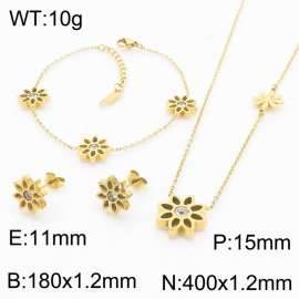 Fashionable stainless steel daisy flower inlaid transparent brick pendant charm jewelry 3-piece gold set