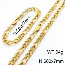 7mm60cm&7mm20cm fashionable stainless steel 3:1 patterned side chain gold bracelet necklace two-piece set