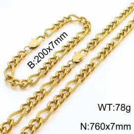 7mm76cm&7mm20cm fashionable stainless steel 3:1 patterned side chain gold bracelet necklace two-piece set