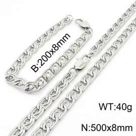 8mm50cm&8mm20cm Fashion Stainless Steel Edge Pressing Paper Clip Chain Steel Color Bracelet Necklace Two Piece Set