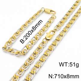 8mm71cm&8mm20cm fashionable stainless steel edge pressing paper clip chain mixed color bracelet necklace two-piece set
