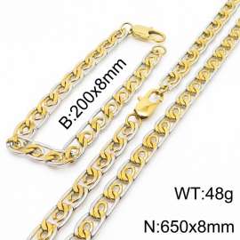 8mm65cm&8mm20cm fashionable stainless steel edge pressing paper clip chain mixed color bracelet necklace two-piece set