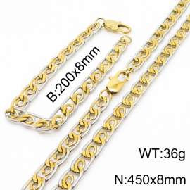8mm45cm&8mm20cm fashionable stainless steel edge pressing paper clip chain mixed color bracelet necklace two-piece set