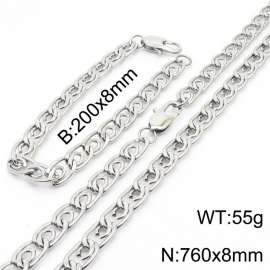 8mm76cm&8mm20cm Fashion Stainless Steel Paper Clip Chain Steel Color Bracelet Necklace Two Piece Set