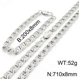 8mm71cm&8mm20cm Fashion Stainless Steel Paper Clip Chain Steel Color Bracelet Necklace Two Piece Set