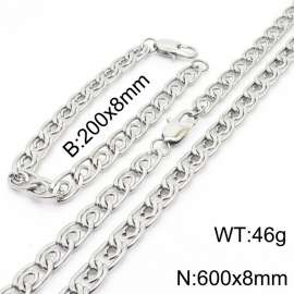 8mm60cm&8mm20cm Fashion Stainless Steel Paper Clip Chain Steel Color Bracelet Necklace Two Piece Set