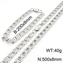 8mm50cm&8mm20cm Fashion Stainless Steel Paper Clip Chain Steel Color Bracelet Necklace Two Piece Set