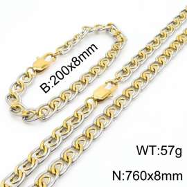 8mm76cm&8mm20cm fashionable stainless steel paper clip chain mixed color bracelet necklace two-piece set