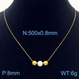 Fashion stainless steel 500 × 0.8mm fine chain with 2 beads and 1 8mm pearl pendant Charming gold necklace