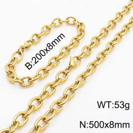 8mm gold embossed steel color men's Korean stainless steel bracelet necklace set