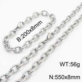 8mm steel color embossed steel color men's Korean stainless steel bracelet necklace set