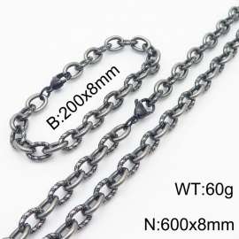 8mm boiled color embossed steel color men's Korean stainless steel bracelet necklace set