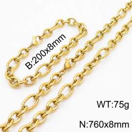 8*200/760mm Japanese and Korean wind machine weaving boiled Gold color stainless steel men Bracelet necklace set