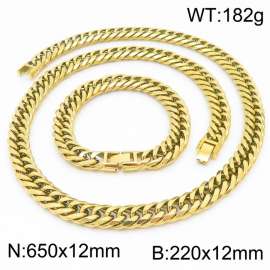 650X12MM Necklace Chain Length and 220x12mm Bracelet Length Gold Color Men's Charm Cuban Chain Fashion Stainless Steel Necklace Bracelet Set Jewelry