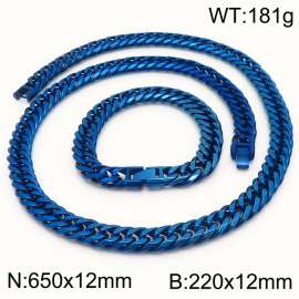 650X12MM Necklace Chain Length and 220x12mm Bracelet Length Blue Color Men's Charm Cuban Chain Fashion Stainless Steel Necklace Bracelet Set Jewelry