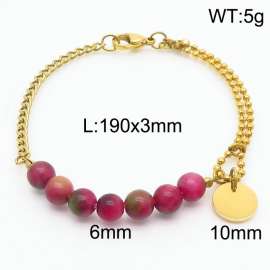 Stainless steel mixed chain connection 6mm gradient pink handmade beaded circular logo pendant with lobster clasp fashionable gold bracelet