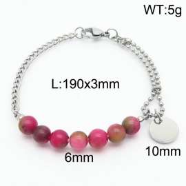 Stainless steel mixed chain connection 6mm gradient pink handmade beaded circular logo pendant with lobster clasp fashionable silver bracelet