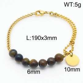 Stainless steel mixed chain connection 6mm tiger eye stone agate handmade beaded circular logo pendant lobster clasp fashion gold bracelet