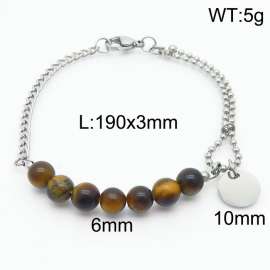 Stainless steel mixed chain connection 6mm tiger eye stone agate handmade beaded circular logo pendant lobster clasp fashion silver bracelet