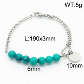 Stainless steel mixed chain connection 6mm cyan agate handmade beaded circular logo pendant with lobster clasp fashion silver bracelet