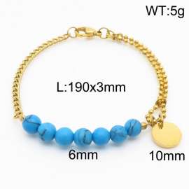 Stainless steel mixed chain connection 6mm blue agate handmade beaded circular logo pendant with lobster clasp fashionable gold bracelet