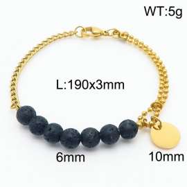 Stainless steel mixed chain connection 6mm natural black volcanic stone handmade beaded circular logo pendant with lobster clasp fashionable gold bracelet