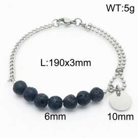 Stainless steel mixed chain connection 6mm natural black volcanic stone handmade beaded circular logo pendant with lobster clasp fashionable silver bracelet