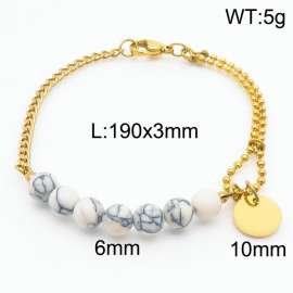 Stainless steel mixed chain connection 6mm white agate handmade beaded circular logo pendant with lobster clasp fashionable gold bracelet