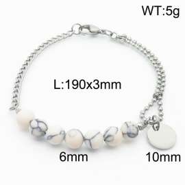 Stainless steel mixed chain connection 6mm white agate handmade beaded circular logo pendant with lobster clasp fashionable silver bracelet