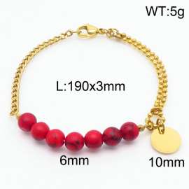 Stainless steel mixed chain connection 6mm red agate handmade beaded circular logo pendant with lobster clasp fashionable gold bracelet
