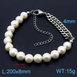 European and American fashion stainless steel 200 × 8mm pearl handmade beaded splicing double layer chain lobster clasp charm silver bracelet