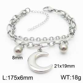 Fashion stainless steel 200 × 3mm mixed double layer chain suspension crescent and steel bead accessory temperament silver bracelet