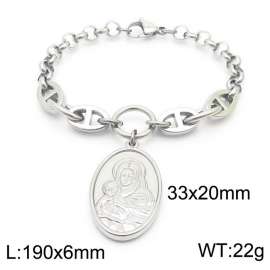 Fashion stainless steel 190 × 6mm Mixed Splice Chain Hanging Mother Child Statue Oval Pendant Charm Silver Bracelet