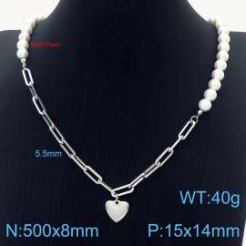 500mm Women Shell Pearls&Stainless Steel Oval Links Necklace with Love Heart Pendant