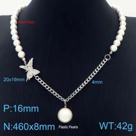 460mm Women Shell Pearls&Stainless Steel Cuban Links Necklace with Butterfly&Plastic Pearl Charms