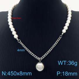 450mm Women Shell Pearls&Stainless Steel Cuban Links Necklace with Globle Shape Pendant