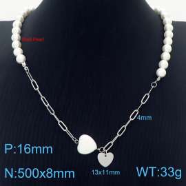 500mm Women Shell Pearls&Stainless Steel Oval Links Necklace with Double Love Heart Pendants