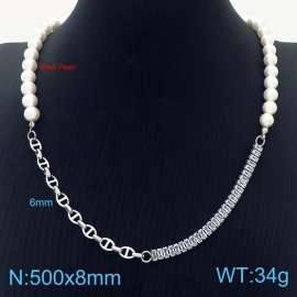 500mm Women Shell Pearls&Stainless Steel&Zircons Links Necklace