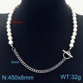 450mm Women Shell Pearls&Stainless Steel Cuban Links Necklace with OT Clasp