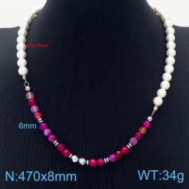 490mm Women Shell Pearls&Stainless Steel&Pink Stone Beads Necklace