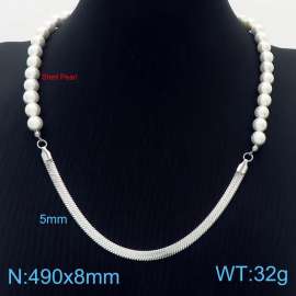 490mm Women Shell Pearls&Stainless Steel Snake Bone Chain Necklace
